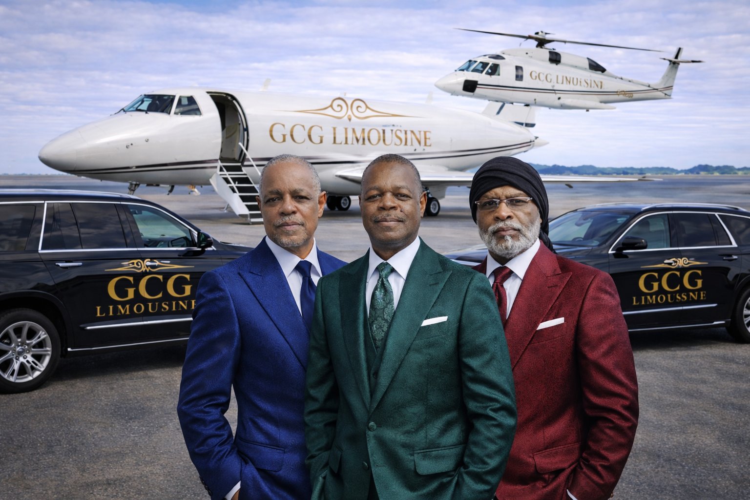 GCG Limousines Leadership Team with Private Jet, Helicopter, and Escalades - Jesse McKinley Carter Jr., Harold Guy II, and Partner